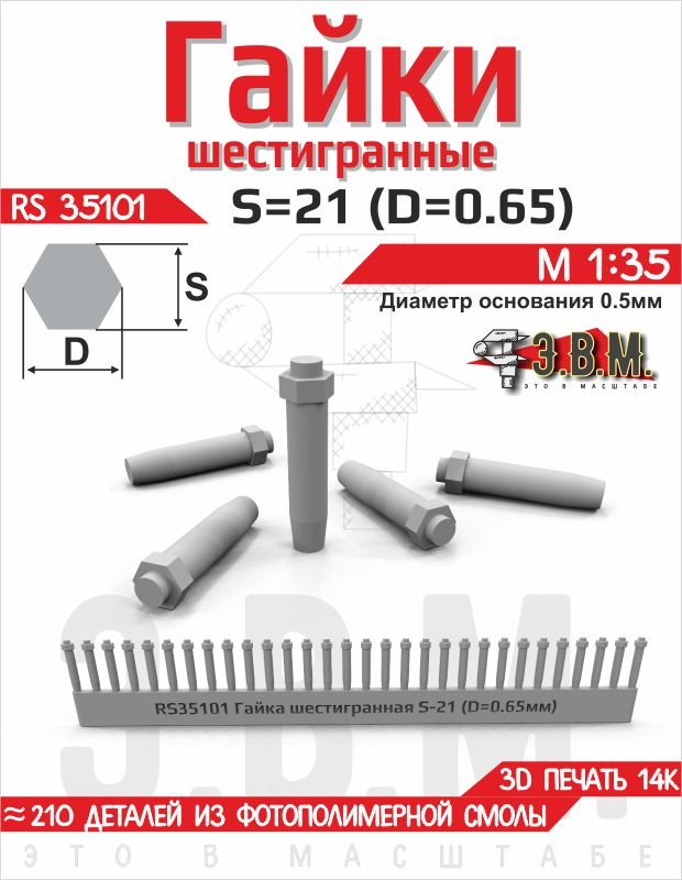RS35101 E.V.M. — Hex Nut S - 21 (Ø 0.65 mm) 3D Printed Detail Set - imodeller.store