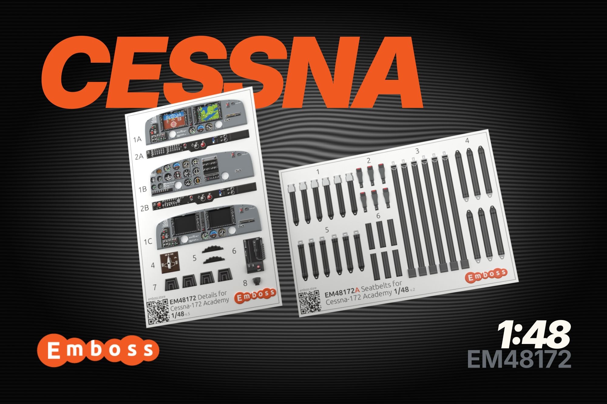 Cessna 172 cockpit details and seatbelts for Academy 1/48 (3D decal)